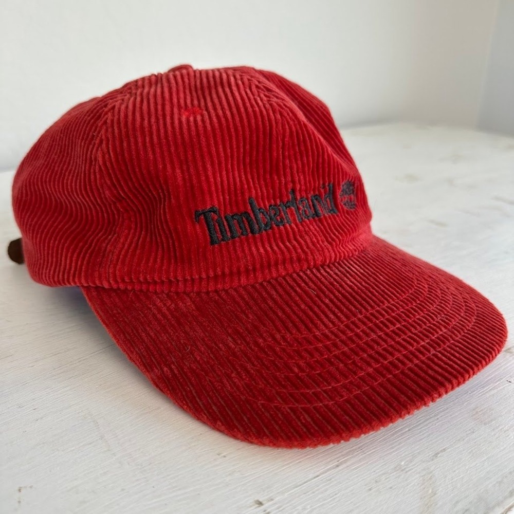 Vintage Timberland Red Corduroy Dad Hat Adjustable‎ Leather Strap Style 257